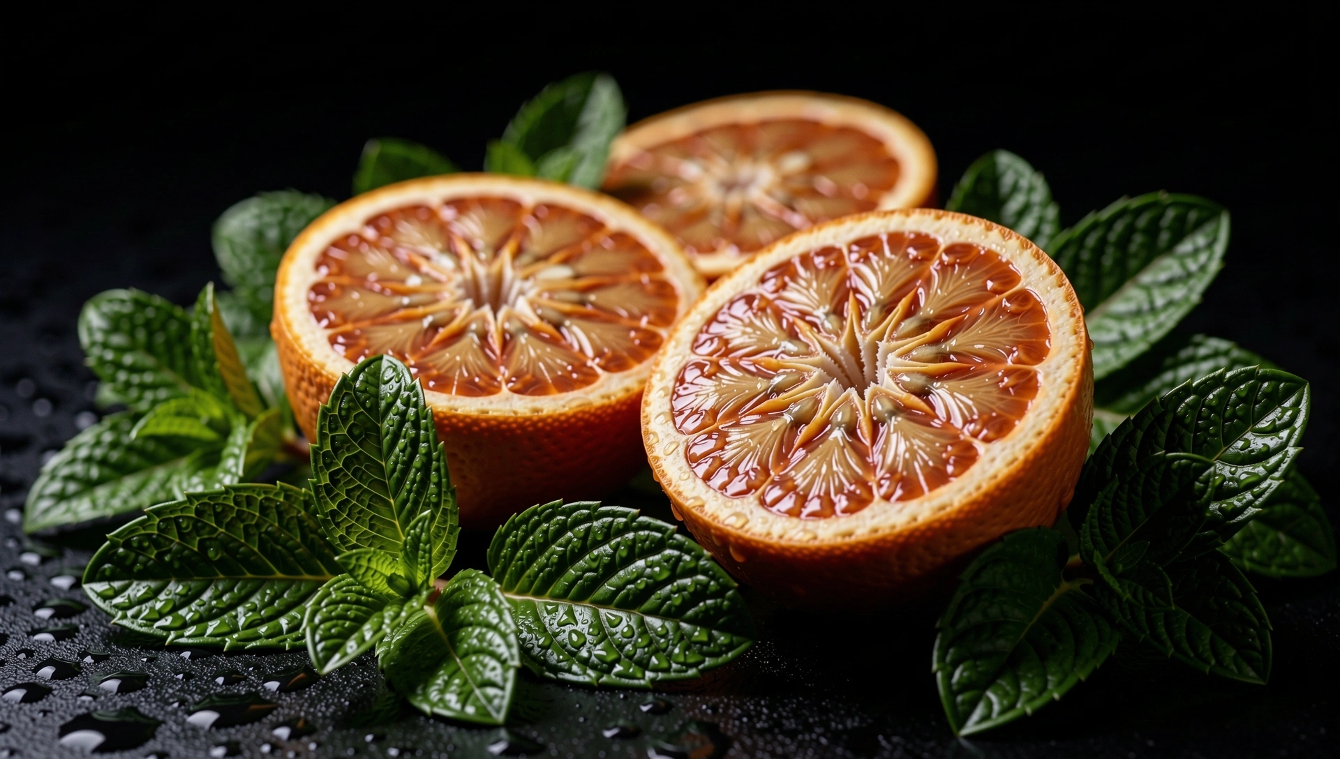 Vibrant blood orange and fresh mint texture